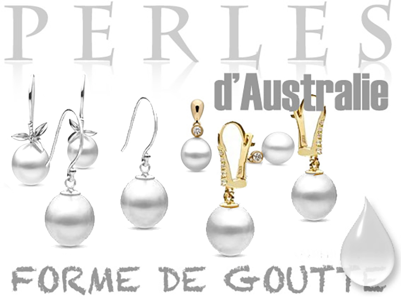 Boucles d'oreilles avec perles en forme de goutte d'australie. Perles blanches argentees.